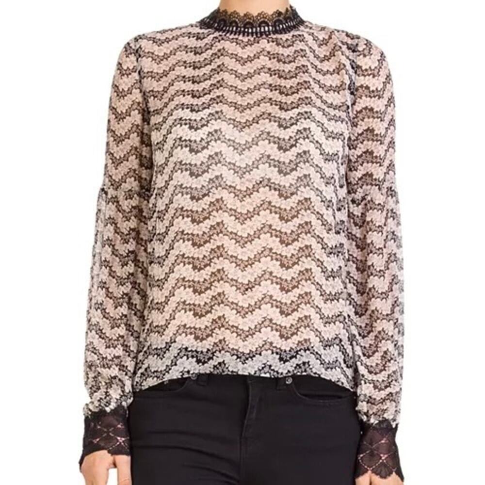 The Kooples Black Jasmin Lace-Trimmed Top Size Medium 100% Silk